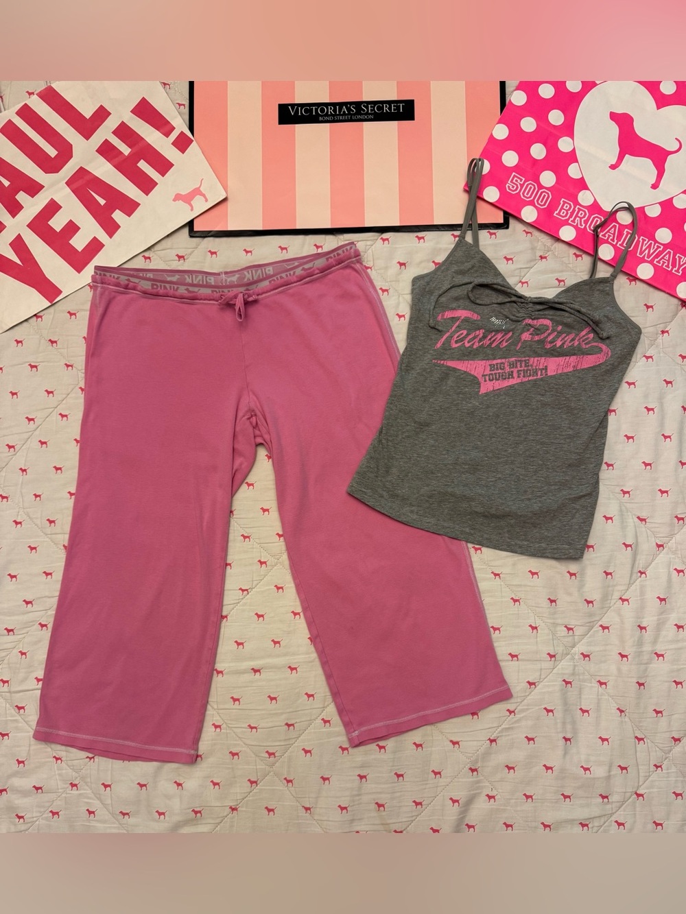 VS PINK VINTAGE Y2K SET WIDE LEG CAPRIS AND RUCHED CAMI TANK TOP BLING DOG RARE